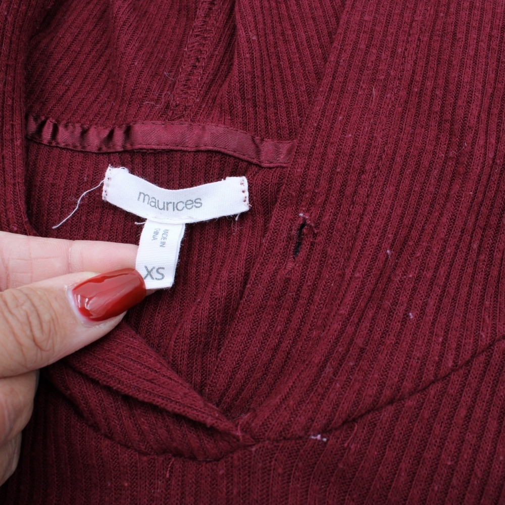 Maurices XS Burgundy Ribbed Hooded Long Sleeve Top - Picture 3 of 6